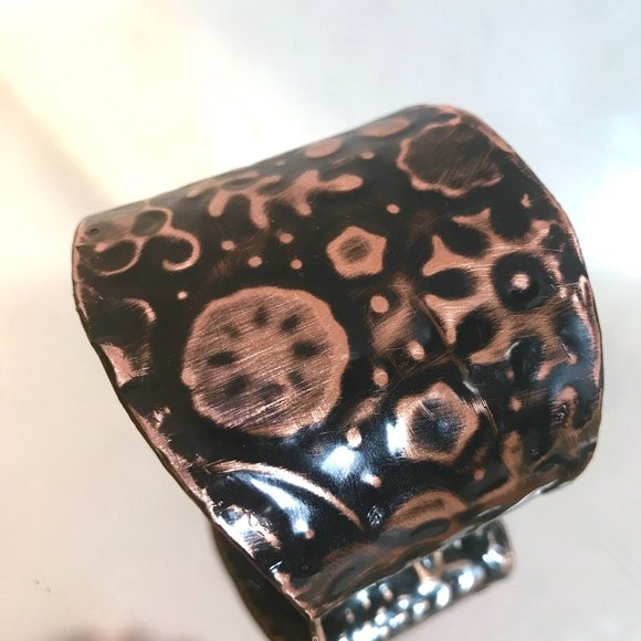 Floral Embossed Wide Cuff Bracelet Pure Solid Copper Patina Flowers Handmade - Picture 10 of 11